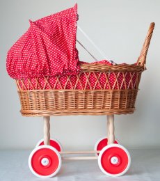 Wicker Baby Doll Carriage- Red and White dots
