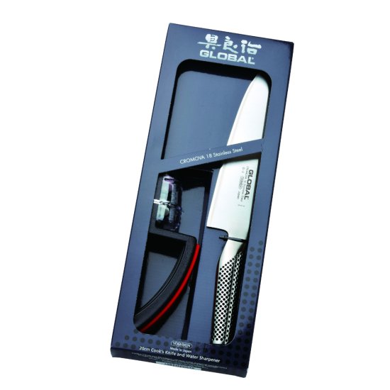 Global Set 20 cm Cooks Knife and Water Sharpener
